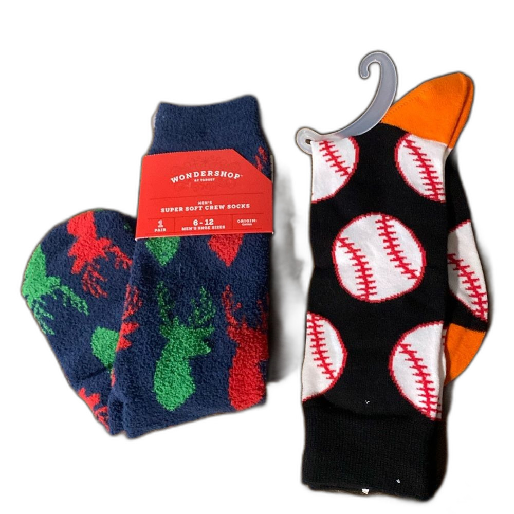 Men’s Socks 2 Pair Christmas Gift Fuzzy Baseball Crew Length